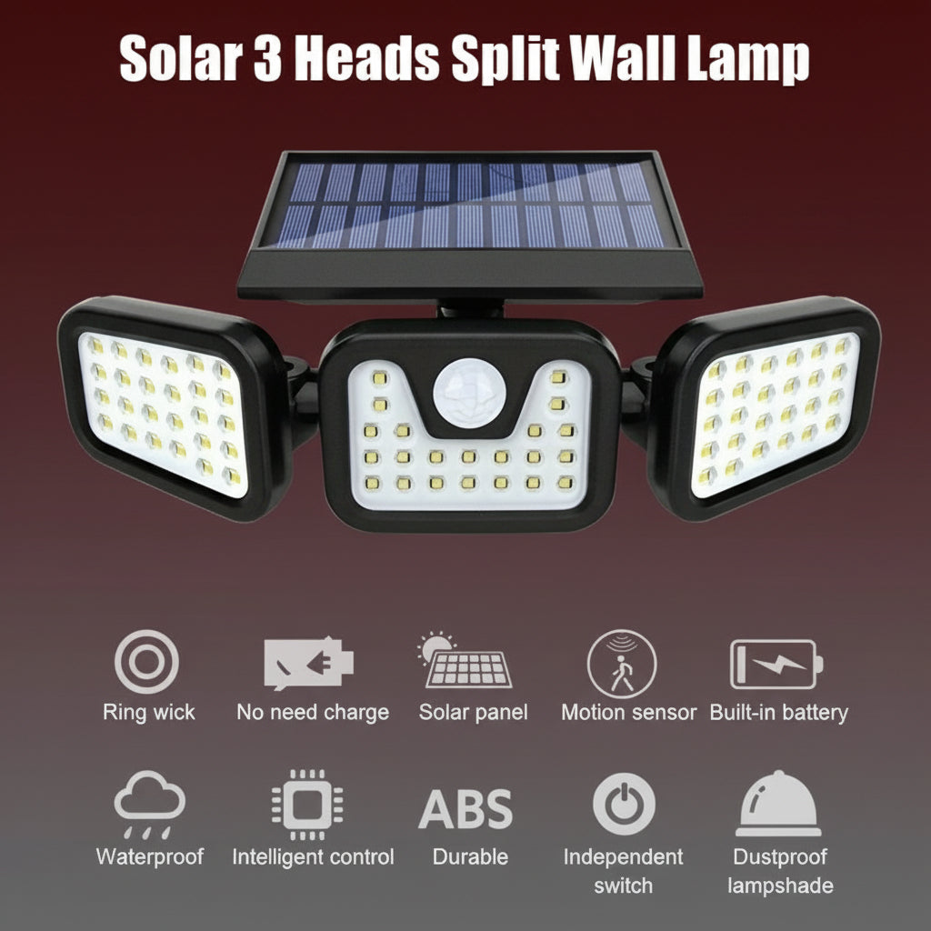 ☀️ SunGuard 3X – Lampe solaire à 3 têtes orientables avec détecteur de mouvement